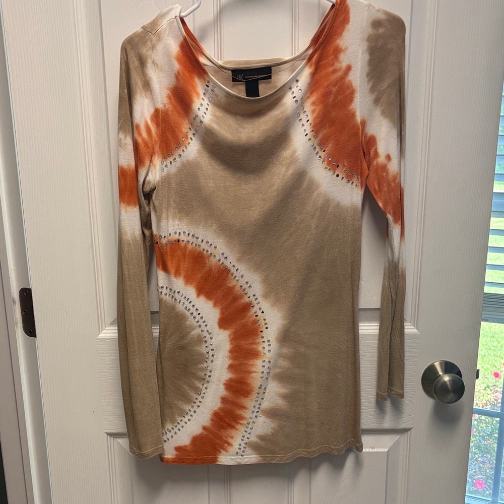 INC International Concepts Orange and Tan Tie-Dye Blouse